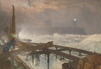 Muelle de Tynemouth - Encendido de las lámparas al atardecer de Alfred William Hunt
