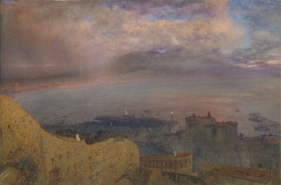 Vista de la Bahía de Nápoles con el Vesubio humeante a lo lejos, atardecer, 1871 de Alfred William Hunt