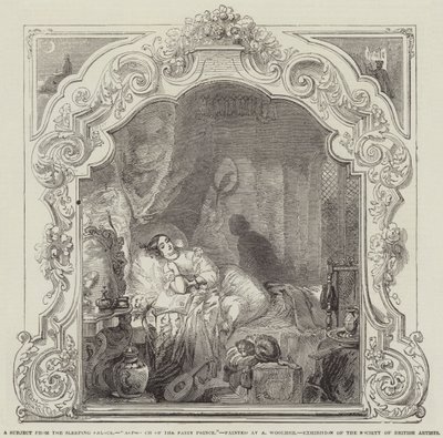 Un tema del Palacio Durmiente, Aproximación del Príncipe Hada, Exposición de la Sociedad de Artistas Británicos de Alfred Woolmer