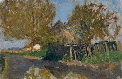 Calle del pueblo con hacienda bajo los árboles. de Alfred Zoff