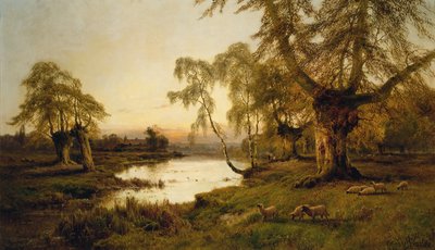 Ovejas pastando junto a un lago al atardecer de Alfred de Breanski