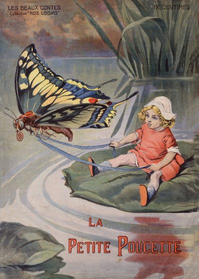 La pequeña Thummy. Una pequeña niña sentada en un nenúfar tirado por una mariposa. Cuento de Hans Christian Andersen (1805-1875). Ilustración de Vaccari y Carrey en la colección "Les beaux tales" "Nos loisirs" hacia 1910. Colección privada. de Alfredo and Carrey Vaccari