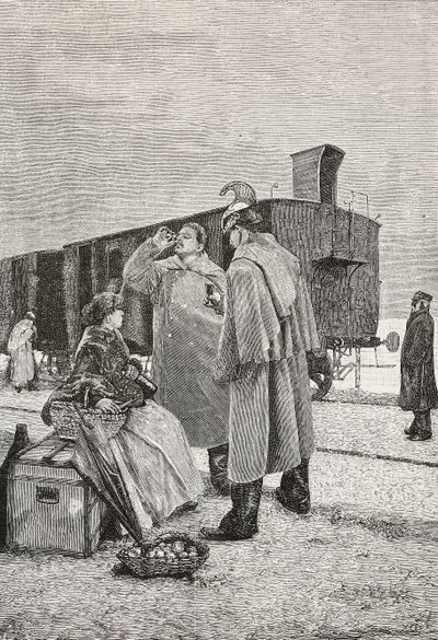 Five Minutes Stop, dos hombres de pie en una parada de tren bebiendo y comiendo, grabado de un cuadro de Alfredo Luxoro (1859-1918), de L