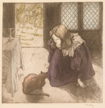 Interior, Niña con gato, 1897 de Alfredo Müller