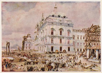 Construcción del Palacio-Convento de Mafra, Portugal (litografía en color) de Alfredo Roque Gameiro