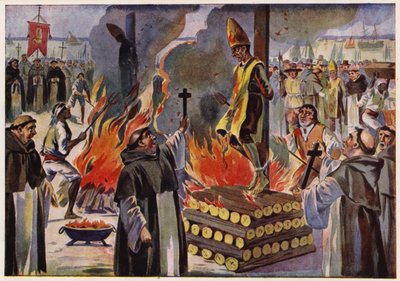 Ejecución en la hoguera bajo la Inquisición portuguesa (litografía en color) de Alfredo Roque Gameiro