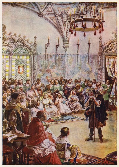 Gil Vicente en la corte del rey Manuel I de Portugal (litografía en color) de Alfredo Roque Gameiro
