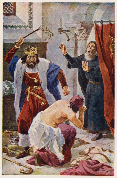 El rey Pedro I de Portugal castiga al obispo de Oporto (litografía en color) de Alfredo Roque Gameiro