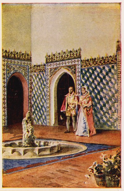 Arquitectura morisca en el Palacio de Sintra, Portugal (litografía en color) de Alfredo Roque Gameiro