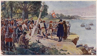Portugueses levantando un pilar de piedra en la desembocadura del río Congo de Alfredo Roque Gameiro