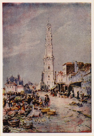 Torre de los Clérigos, Oporto, Portugal (litografía en color) de Alfredo Roque Gameiro