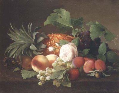 Naturaleza muerta con piña, duraznos, ciruelas y uvas de Alfrida Vilhelmine Ludovica Baadsgaard