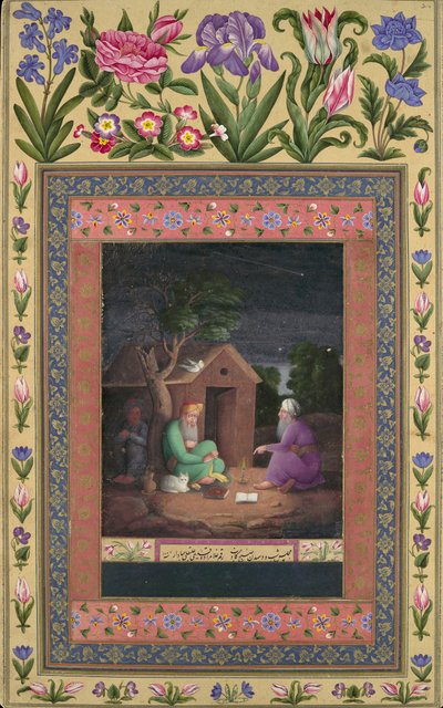 Dos ancianos en discusión fuera de una cabaña, Folio del Álbum Davis de Ali Quli Jabbadar