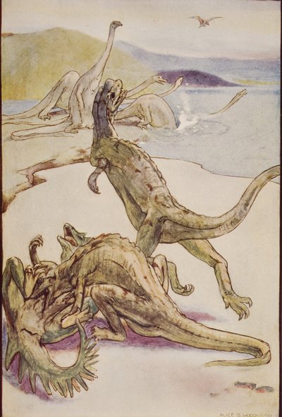 Una escena del Mesozoico con Deinotheria, ilustración de "The Outline of History" de H.G. Wells, Volumen I, publicado en 1920 (litografía en color) de Alice Bolingbroke (after) Woodward