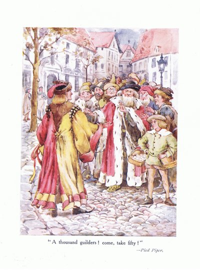 ¡Mil florines! ¡Ven a tomar cincuenta!, ilustración de Poems for the Young: Robert Browning, c.1920 de Alice Ross
