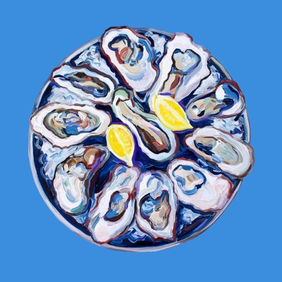 Ostras frescas sobre fondo azul de Alice Straker