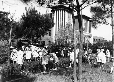 Villa Rosa Maltoni Mussolini: estudiantes fuera del instituto, trabajando en el huerto de Fratelli Alinari