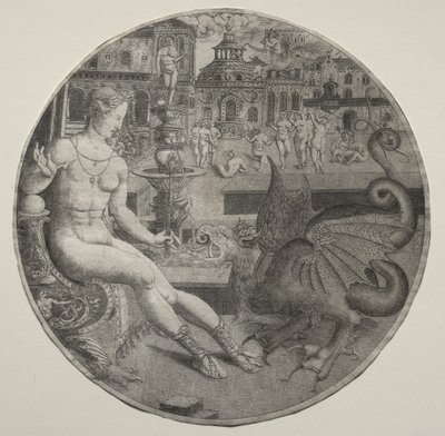 Mujer desnuda y un dragón, 1523 de Allaert Claesz