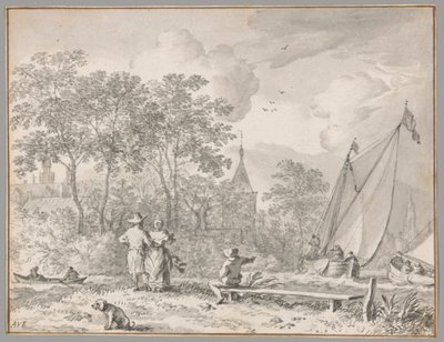 Paisaje con figuras elegantes junto a un río, con barcos a la derecha y una ciudad detrás de árboles más allá de Allaert van Everdingen