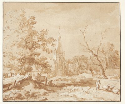 Paisaje con árboles y una iglesia de Allaert van Everdingen