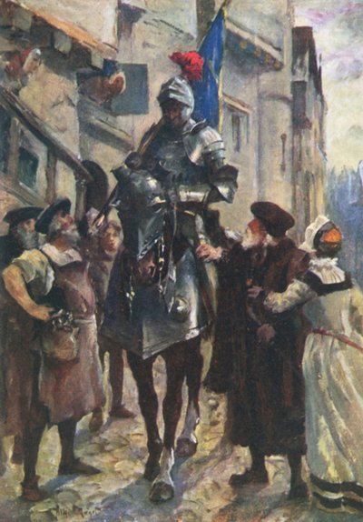 Un mensajero de Flodden llevando las malas noticias a Edimburgo (litografía en color) de Allan (after) Stewart
