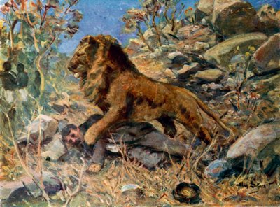 David Livingstone, Livingstone y el león (litografía en color) de Allan (after) Stewart
