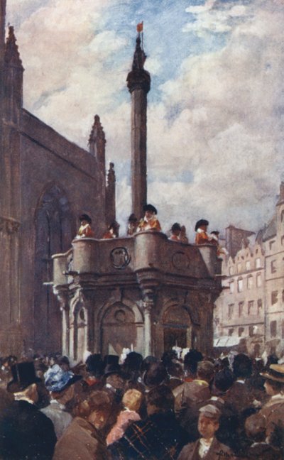Una Proclamación Real de la Cruz del Mercat (litografía en color) de Allan Stewart