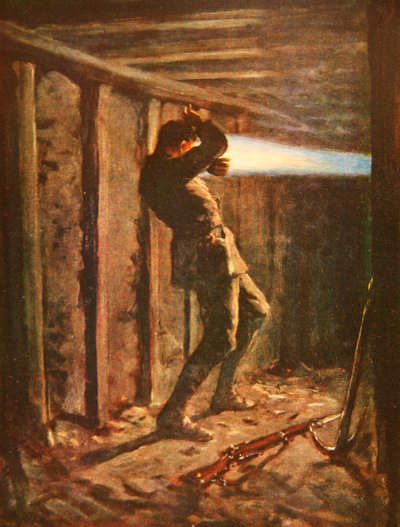 Una lengua de fuego azul que sale disparada del lado enemigo de una galería de minas y que quema gravemente al soldado Bytheway (litografía en color) de Allan Stewart