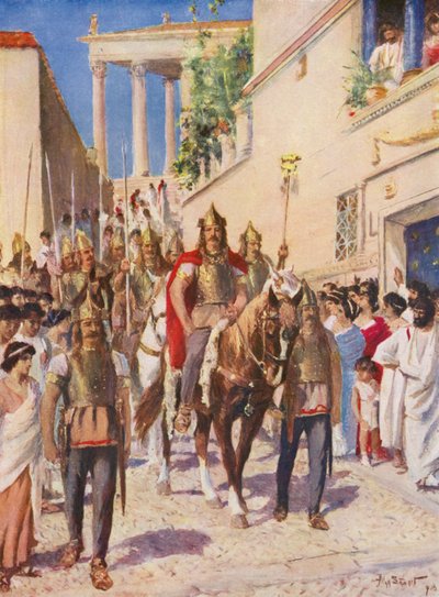 Alarico entrando en Atenas (litografía en color) de Allan Stewart