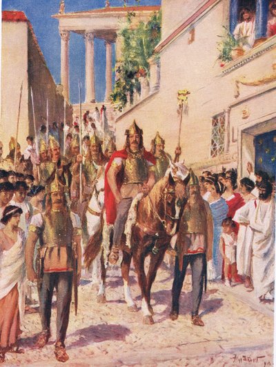 Alarico el Godo entrando en Atenas en el año 395, ilustración de la "Historia de las Naciones de Hutchinson". de Allan Stewart