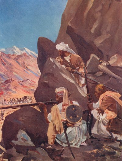 Miembros de las tribus de las colinas disparando a una fuerza británica en la frontera noroeste (litografía en color). de Allan Stewart