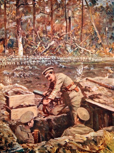 El teniente Dimmer reparando una ametralladora mientras está expuesto al fuego de la guardia prusiana que avanza (litografía en color) de Allan Stewart