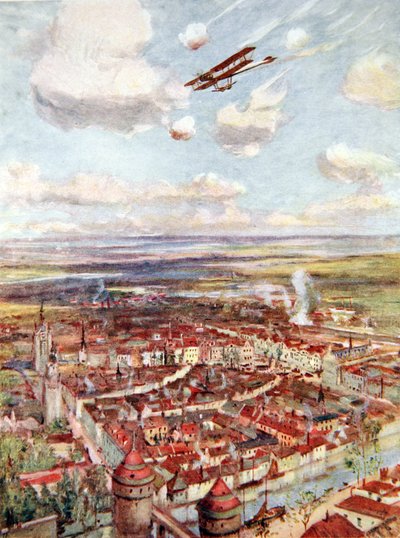 El teniente Rhodes-Moorhouse sobrevolando Courtrai para bombardear el ferrocarril (litografía en color) de Allan Stewart