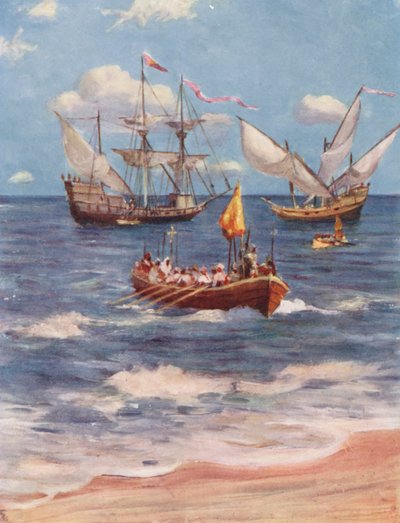 Vasco da Gama desembarcando en Kalicut (litografía en color) de Allan Stewart