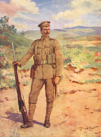 WW1: Un soldado británico moderno (litografía en color) de Allan Stewart