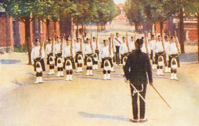 WW1: Escuadrón de instrucción en Aldershot (litografía en color) de Allan Stewart