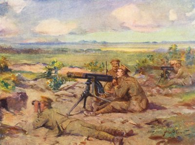 WW1: Ametralladoras en acción (litografía en color) de Allan Stewart