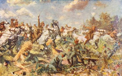 Primera Guerra Mundial: La carga de los Scots Greys, agosto de 1914 (litografía en color) de Allan Stewart