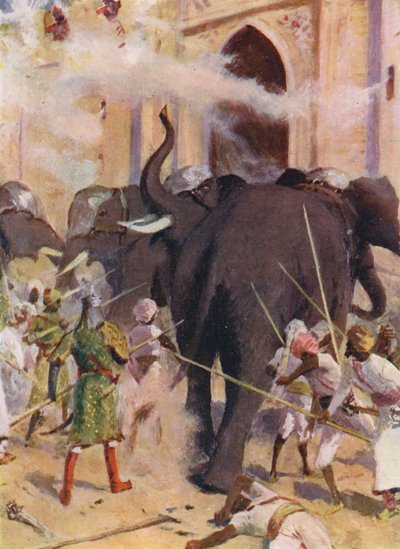 Elefantes de guerra cargan contra las puertas del fuerte de Arcot (litografía en color) de Allan Stewart