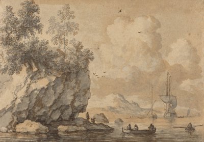 Figuras en botes de remo en una cala rocosa, barcos de vela más allá de Allart van Everdingen