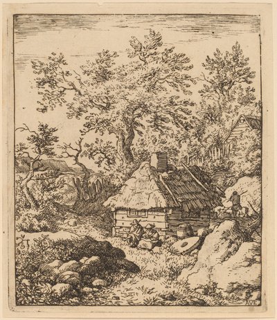 Paisaje con piedra de molino cerca de un barril de Allart van Everdingen