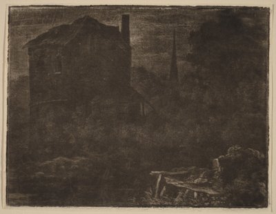 Paisaje nocturno con casa y aguja de iglesia de Allart van Everdingen