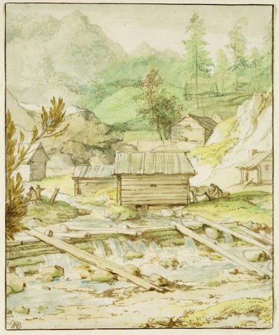 Paisaje nórdico con cabaña de madera y presa de Allart van Everdingen