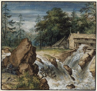 Paisaje nórdico con un dibujante junto a una cascada de Allart van Everdingen