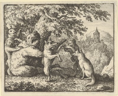 Por orden del león, se toma un trozo de piel del oso, un trozo de las patas delanteras..., 1650-75 de Allart van Everdingen