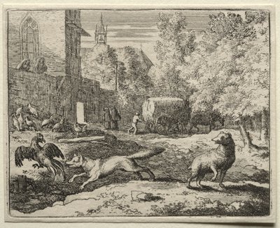 Reynard el Zorro: Reynard persiguiendo gallinas de Allart van Everdingen