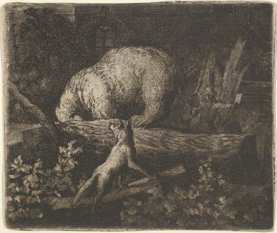 El oso con su hocico y patas delanteras atrapadas en el tronco de un árbol, mediados del siglo XVII de Allart van Everdingen