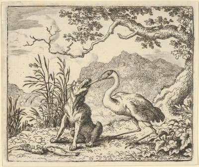 La cigüeña saca un hueso de la garganta del lobo de Renard The F... de Hendrick van Alcmar, 1650-75 de Allart van Everdingen