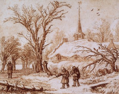 Viajeros en una carretera cerca de un pueblo en invierno (tiza, pluma, tinta y aguada) de Allart van Everdingen