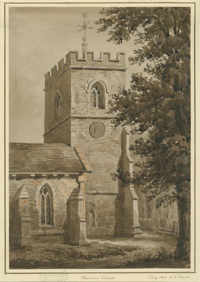 Iglesia de Harborne: dibujo en sepia roja, 2 jul 1842 de Allen Edward Everitt